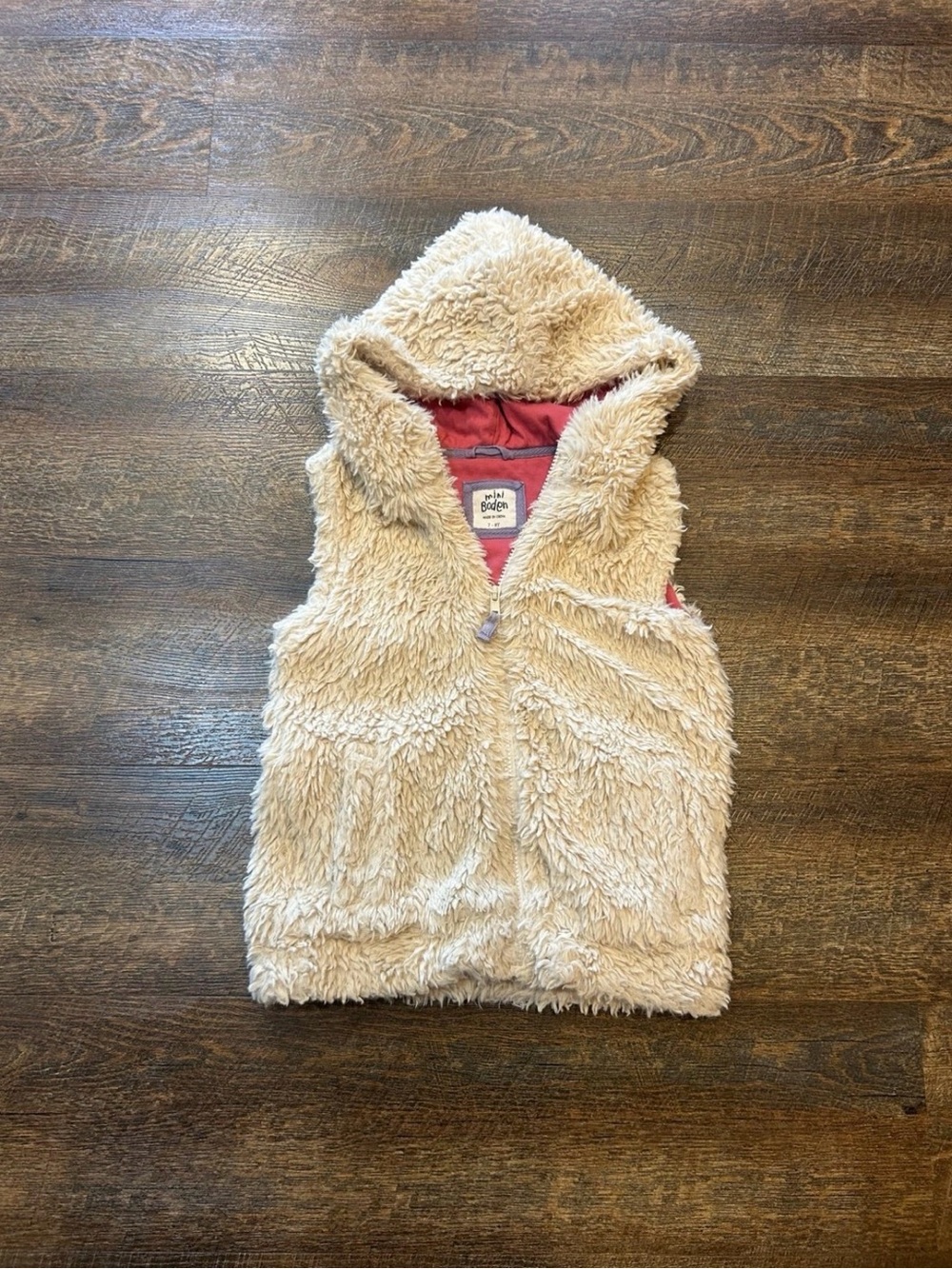 Mini Boden Cream Sherpa Hooded Vest with Pink Lining 7/8